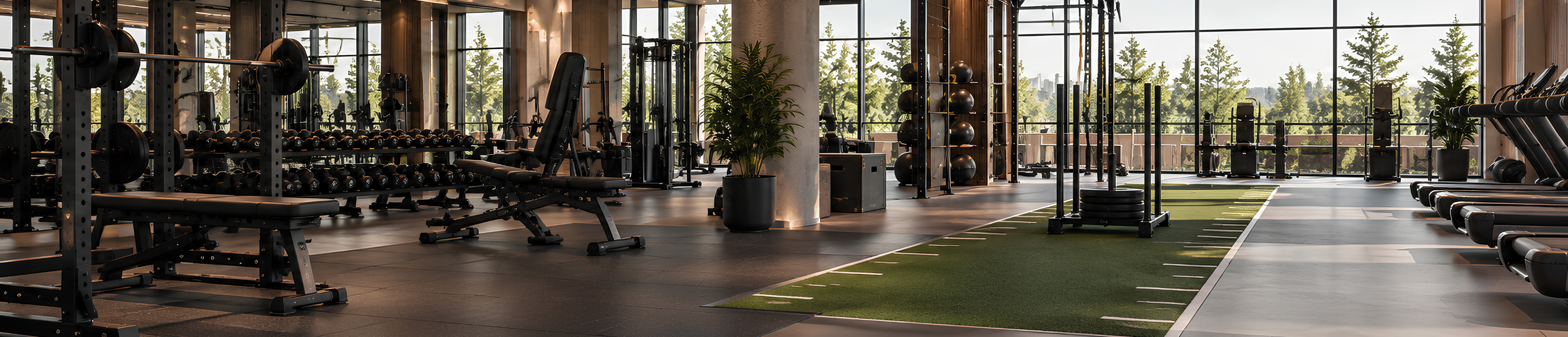 Gym interior with strength equipment, turf training lane and forest views