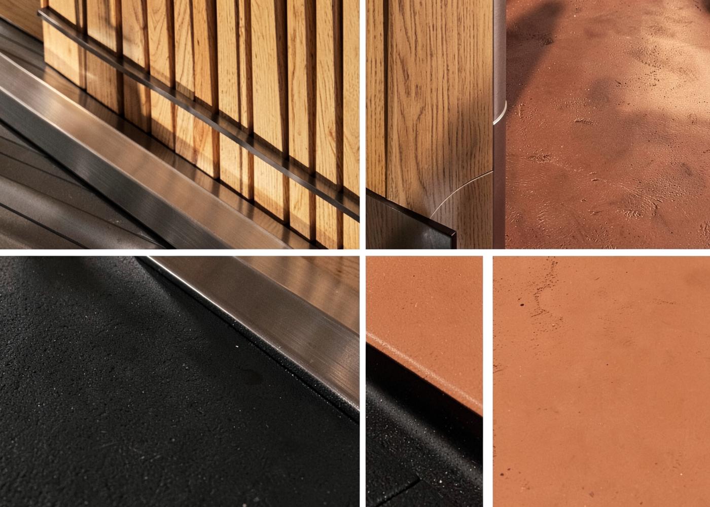 Gym interior with micro-cement wall, oak slats and terracotta accent lighting